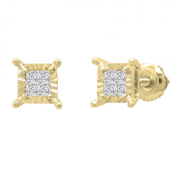 0.20 Carat (ctw) Princess Diamond Ladies Square Invisible Stud Earrings 1/5 CT 14K Yellow Gold