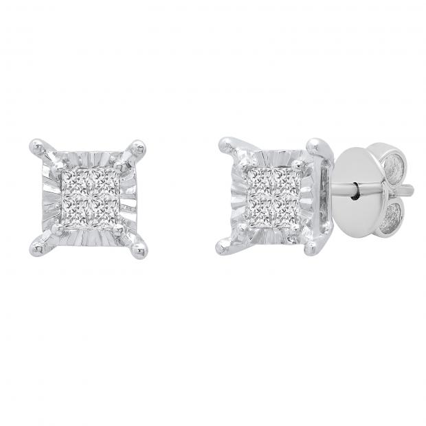 0.20 Carat (ctw) Princess Diamond Ladies Square Invisible Stud Earrings 1/5 CT 925 Sterling Silver