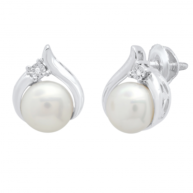 6 mm Round Freshwater Pearl Ladies Stud Earrings with Diamond Accents 925 Sterling Silver