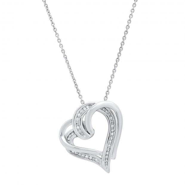 0.11 Carat (ctw) Round White Diamond Ladies Interlocking Heart Pendant Sterling Silver