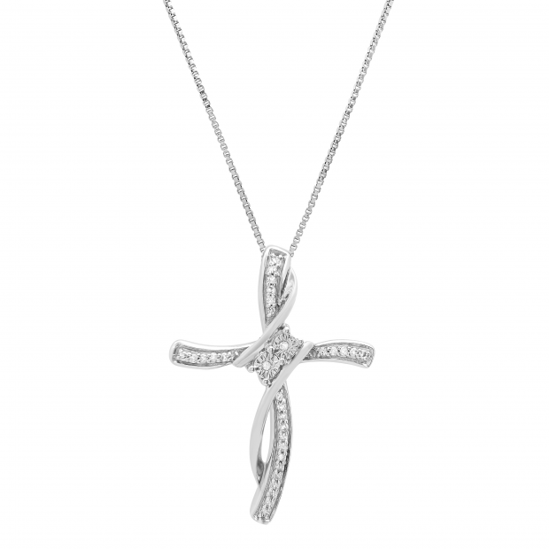 0.11 Carat (ctw) Round White Diamond Ladies Bypass Cross Pendant Sterling Silver