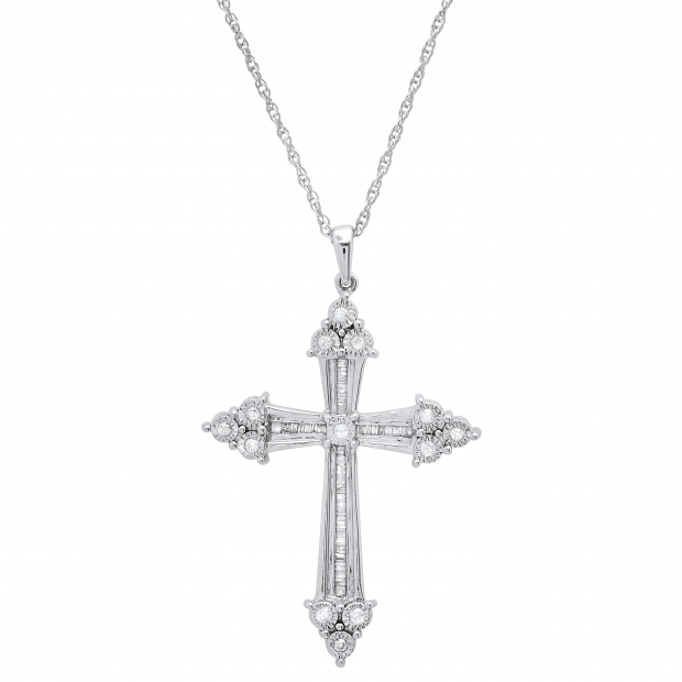 0.25 Carat (ctw) Round & Baguette White Diamond Ladies Cross Pendant 1/4 CT Sterling Silver