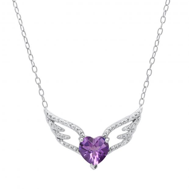 7 mm Heart Amethyst & Round White Diamond Ladies Love Angel Wing Pendant Sterling Silver