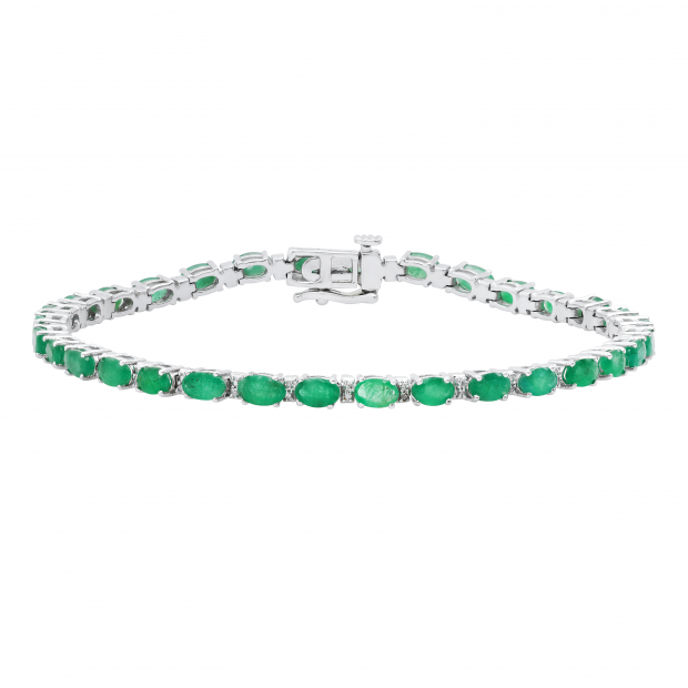 5X3 mm Oval Emerald & Round White Diamond Ladies Fashion Tennis Bracelet 10K White Gold