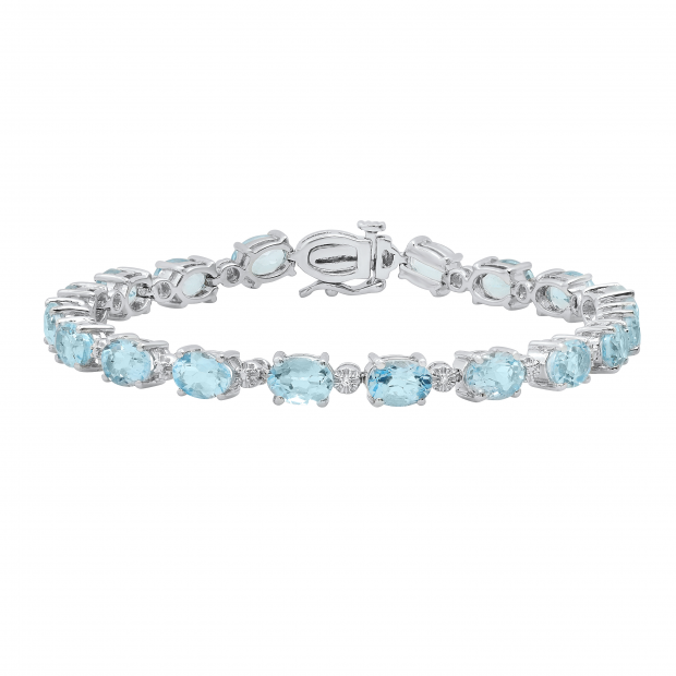 5X7 mm Oval Blue Topaz & Round White Diamond Ladies Fashion Tennis Bracelet Sterling Silver