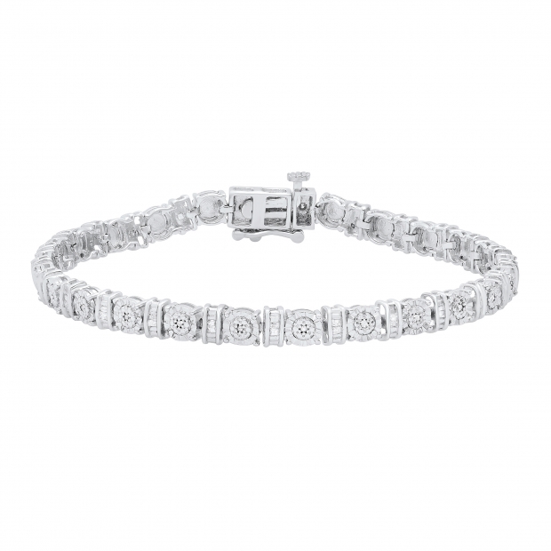 0.25 Carat (ctw) Round & Baguette Diamond Ladies Cluster Tennis Bracelet 1/4 CT Sterling Silver