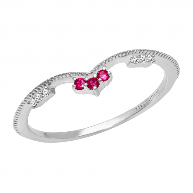 Round Ruby & White Diamond Ladies Chevron Vintage Style Anniversary Wedding Band, Sterling Silver