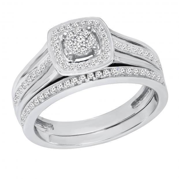 0.35 Carat (ctw) Round White Diamond Ladies Split Shank Engagement Ring Set 1/3 CT Sterling Silver