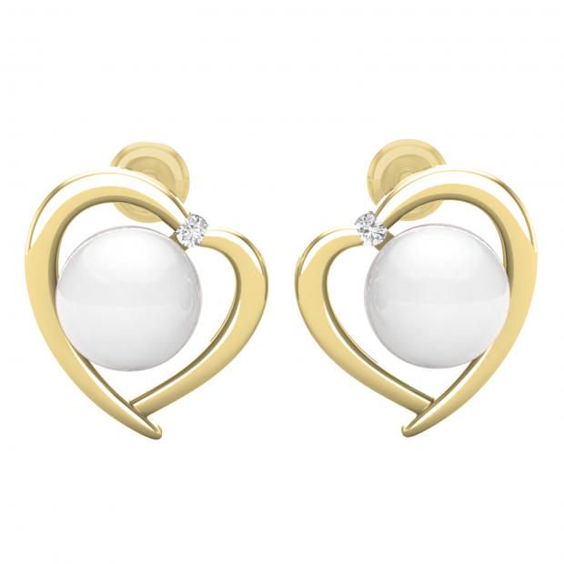8 MM Each Round White Freshwater Pearl & Diamond Ladies Heart Stud Earrings 14K Yellow Gold
