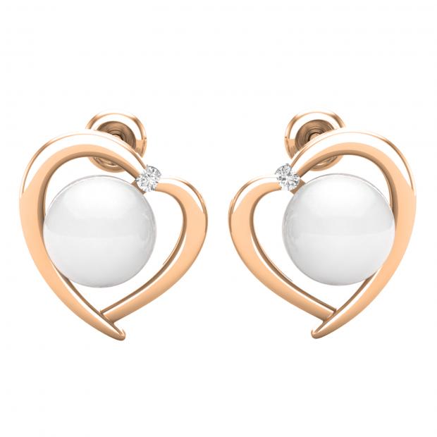 8 MM Each Round White Freshwater Pearl & Diamond Ladies Heart Stud Earrings 18K Rose Gold