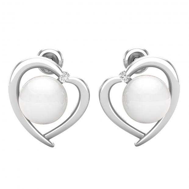 8 MM Each Round White Freshwater Pearl & Diamond Ladies Heart Stud Earrings 18K White Gold