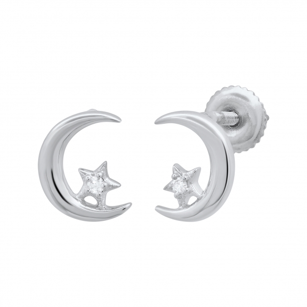 0.02 Carat (ctw) Round White Diamond Ladies Crescent Moon and Star Stud Earrings 10K White Gold