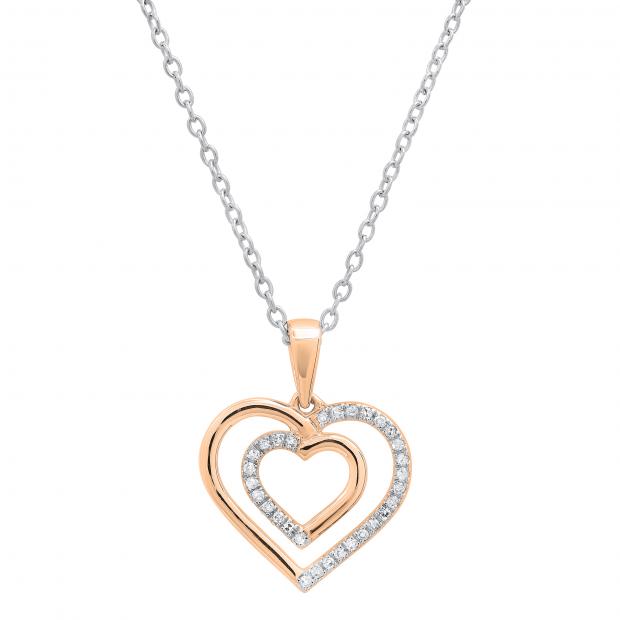 0.10 Carat (ctw) Round White Diamond Ladies Double Heart Pendant 1/10 CT 14K Rose Gold