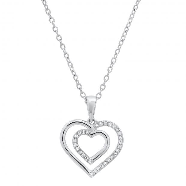 0.10 Carat (ctw) Round White Diamond Ladies Double Heart Pendant 1/10 CT 14K White Gold