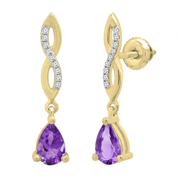 6X4 MM Each Pear Amethyst & Round Diamond Ladies Infinity Dangling Drop Earrings 10K Yellow Gold