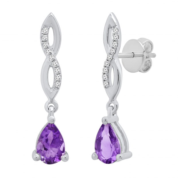 6X4 MM Each Pear Amethyst & Round Diamond Ladies Infinity Dangling Drop Earrings Sterling Silver