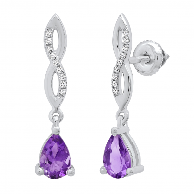 6X4 MM Each Pear Amethyst & Round Diamond Ladies Infinity Dangling Drop Earrings Sterling Silver