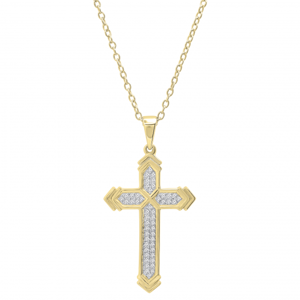 0.14 Carat (ctw) Round White Diamond Mens Fashion Cross Pendant 14K Yellow Gold