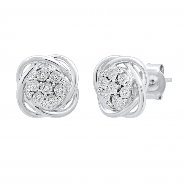 0.10 Carat (ctw) Round White Diamond Ladies Orbit Cluster Stud Earrings 1/10 CT Sterling Silver