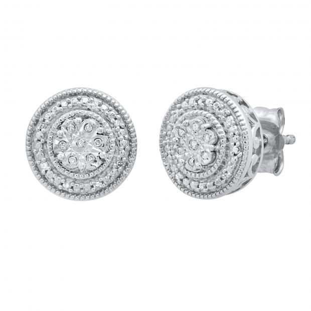 0.05 Carat (ctw) Round White Diamond Ladies Cluster Style Flower Stud Earrings Sterling Silver