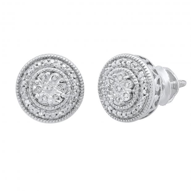 0.05 Carat (ctw) Round White Diamond Ladies Cluster Style Flower Stud Earrings Sterling Silver