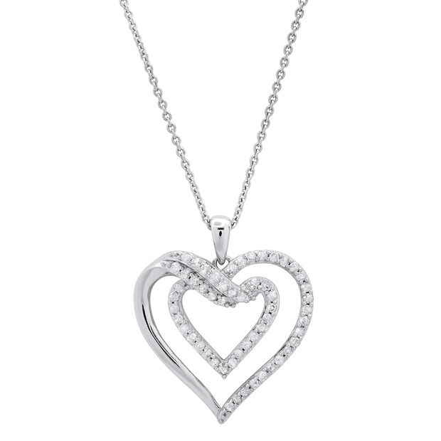 0.50 Carat (ctw) Round White Diamond Ladies Double Heart Pendant 1/2 CT Sterling Silver