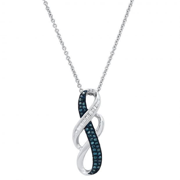 0.20 Carat (ctw) Round Blue & Baguette White Diamond Ladies Swirl Pendant 1/5 CT, Sterling Silver