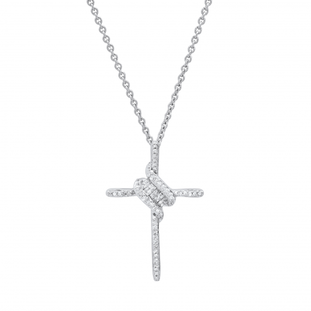 0.25 Carat (ctw) Round & Baguette Diamond Ladies Cross Religious Pendant 1/4 CT Sterling Silver