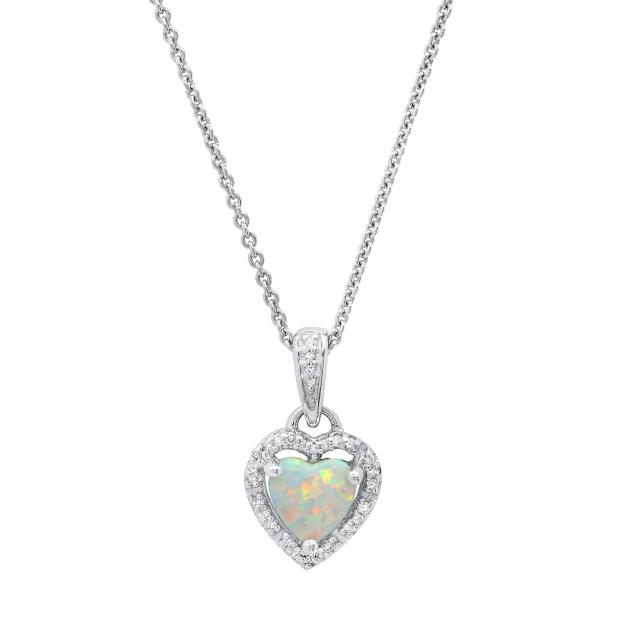 Heart Opal & Round White Diamond Ladies Halo Style Heart Shape Pendant Sterling Silver