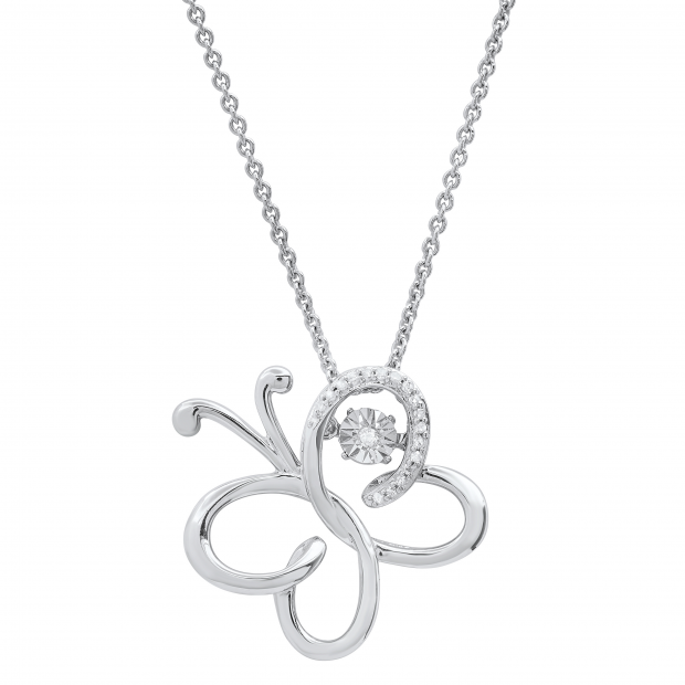 0.05 Carat (ctw) Round White Diamond Ladies Heart Shaped Butterfly Pendant Sterling Silver