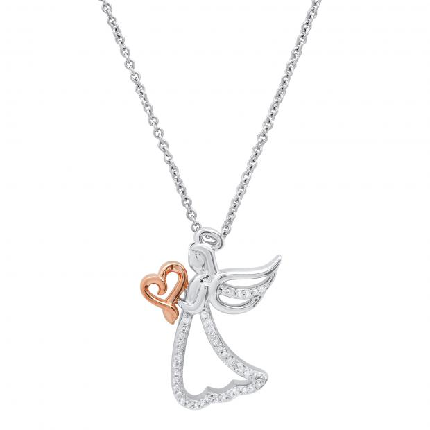0.11 Carat (ctw) Round White Diamond Ladies Heart Angel Pendant Rose Gold Plated Sterling Silver