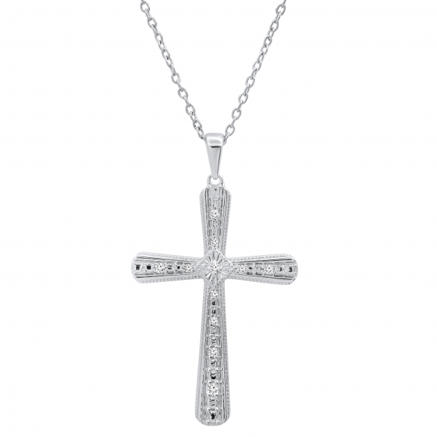 0.10 Carat (ctw) Round White Diamond Ladies Vintage Style Cross Pendant 1/10 CT 14K White Gold