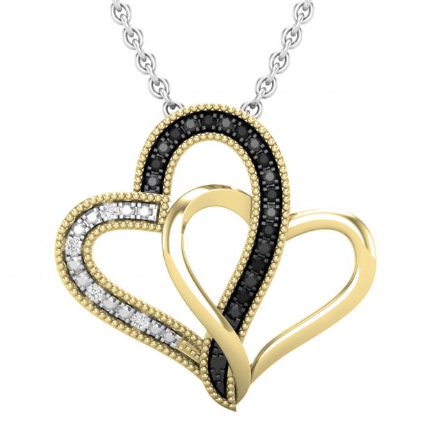 0.04 Carat (ctw) Round Black & White Diamond Ladies Double Heart Pendant 18K Yellow Gold