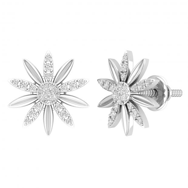 0.16 Carat (ctw) Round White Diamond Ladies Flower Shape Stud Earrings Sterling Silver