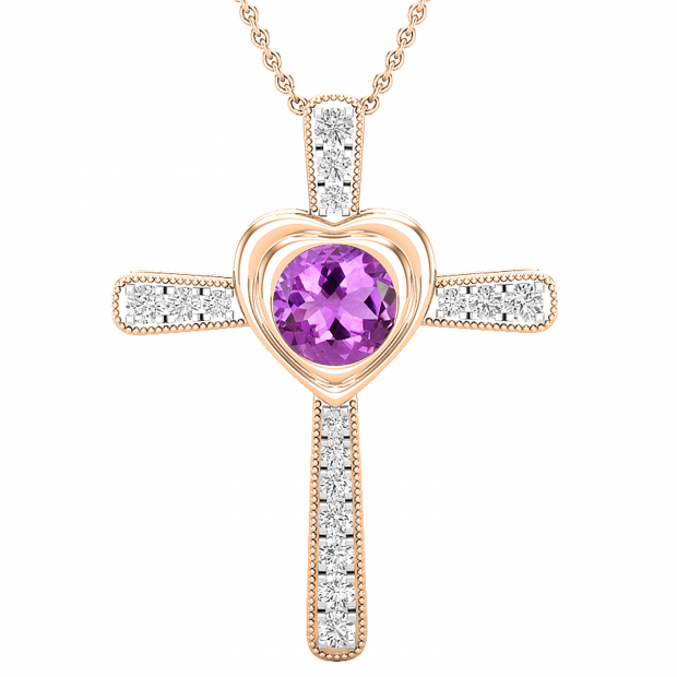 8 mm Round Amethyst & With Natural White Diamond Ladies Heart Cross Pendant, 18K Rose Gold