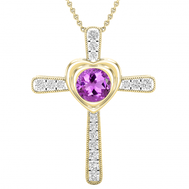 8 mm Round Amethyst & With Natural White Diamond Ladies Heart Cross Pendant, 18K Yellow Gold
