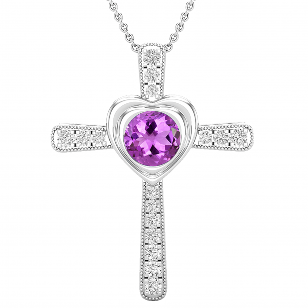 8 mm Round Amethyst & With Natural White Diamond Ladies Heart Cross Pendant, Sterling Silver