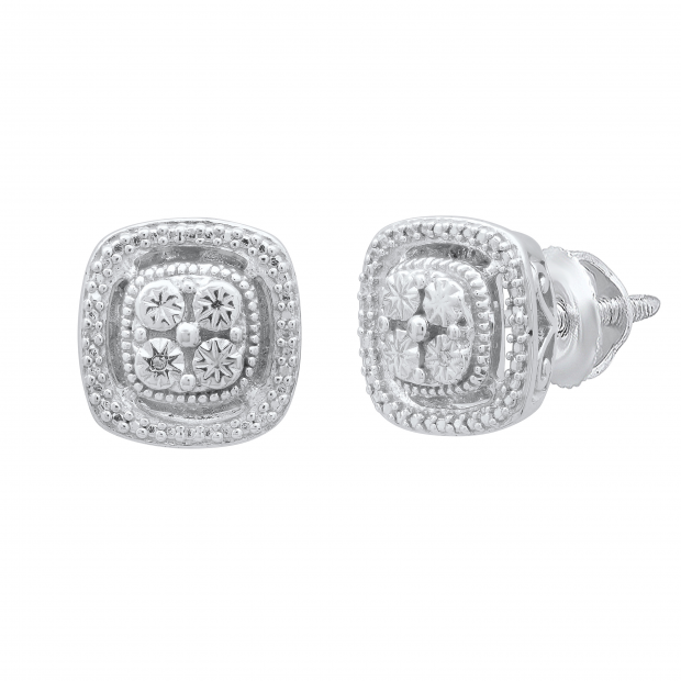 Ladies Cluster Beaded Style Cushion Frame Stud Earrings, Sterling Silver
