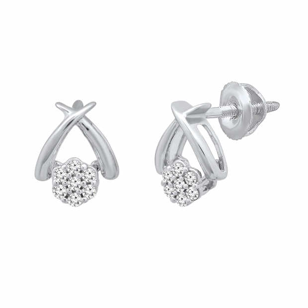 0.12 Carat (ctw) Round White Diamond Ladies Cluster Flower Stud Earrings Sterling Silver