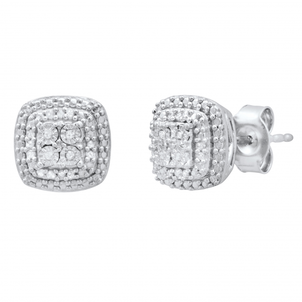 0.10 Carat (ctw) Round Diamond Ladies Double Cushion Frame Stud Earrings 1/10 CT Sterling Silver