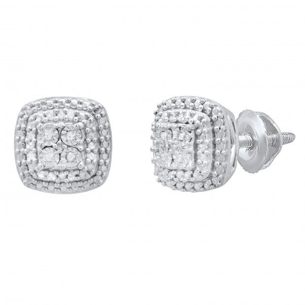 0.10 Carat (ctw) Round Diamond Ladies Double Cushion Frame Stud Earrings 1/10 CT Sterling Silver
