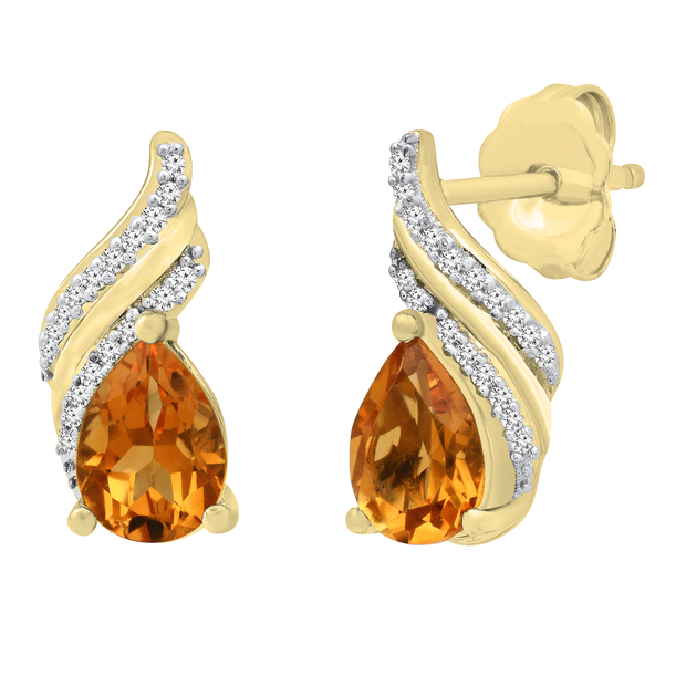7X5 mm Pear Citrine Ladies Swirl Stud Earrings with Diamond Accents 14K Yellow Gold