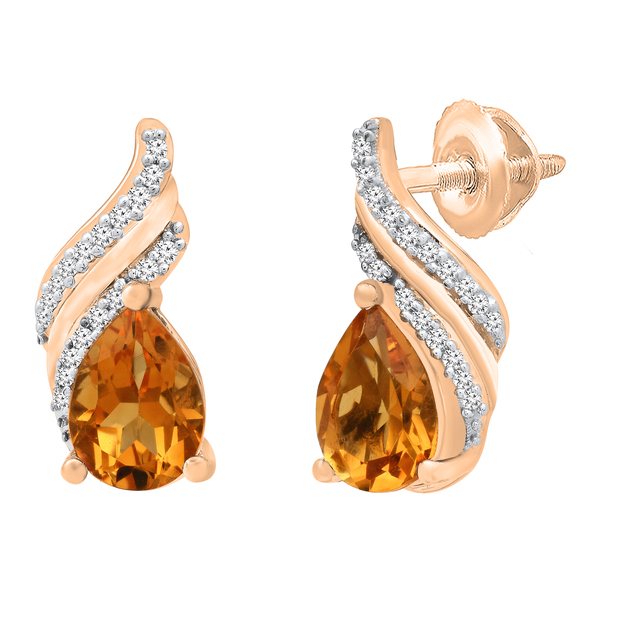 7X5 mm Pear Citrine Ladies Swirl Stud Earrings with Diamond Accents 18K Rose Gold