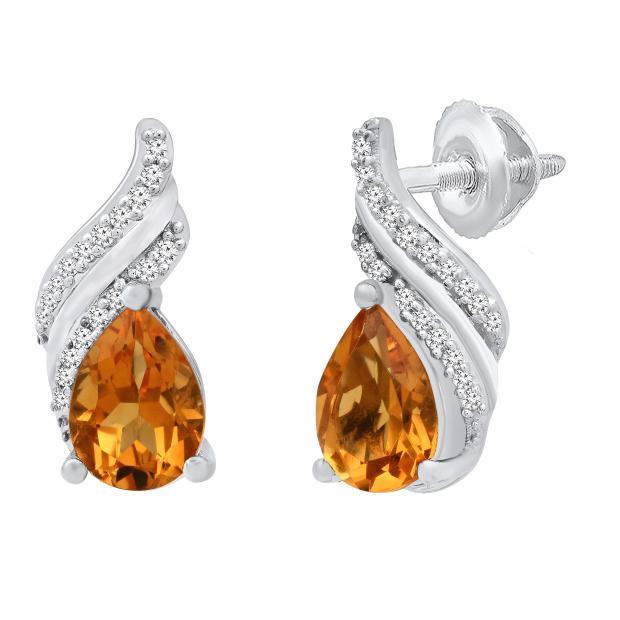 7X5 mm Pear Citrine Ladies Swirl Stud Earrings with Diamond Accents Sterling Silver