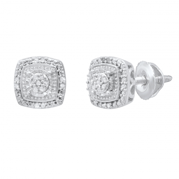 0.10 Carat (ctw) Round White Diamond Ladies Cluster Style Stud Earrings 1/10 CT Sterling Silver