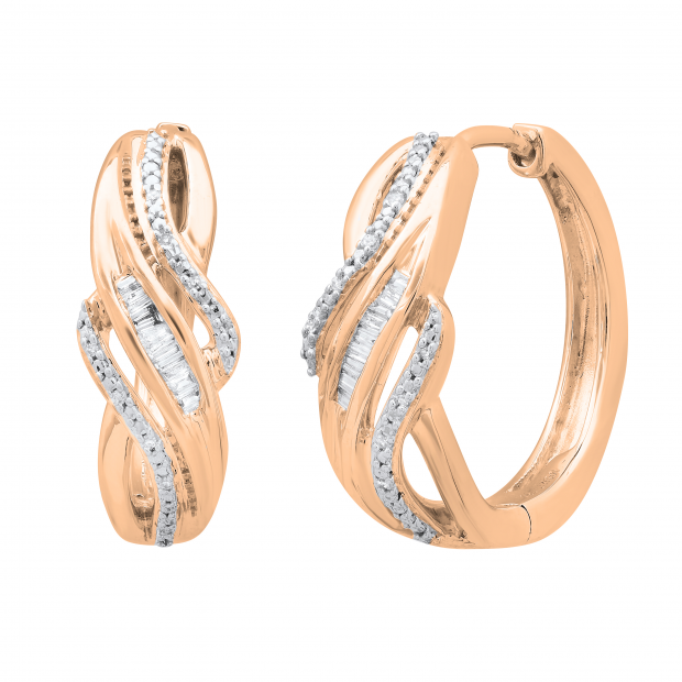 0.10 Carat (ctw) Round & Baguette White Diamond Ladies Swirl Hoop Earrings 1/10 CT 10K Rose Gold