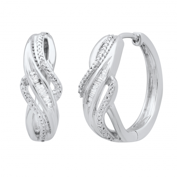 0.10 Carat (ctw) Round & Baguette White Diamond Ladies Swirl Hoop Earrings 1/10 CT Sterling Silver