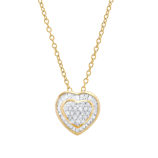 0.25 Carat (ctw) Round & Baguette White Diamond Ladies Heart Shape Pendant 1/4 CT 10K Yellow Gold