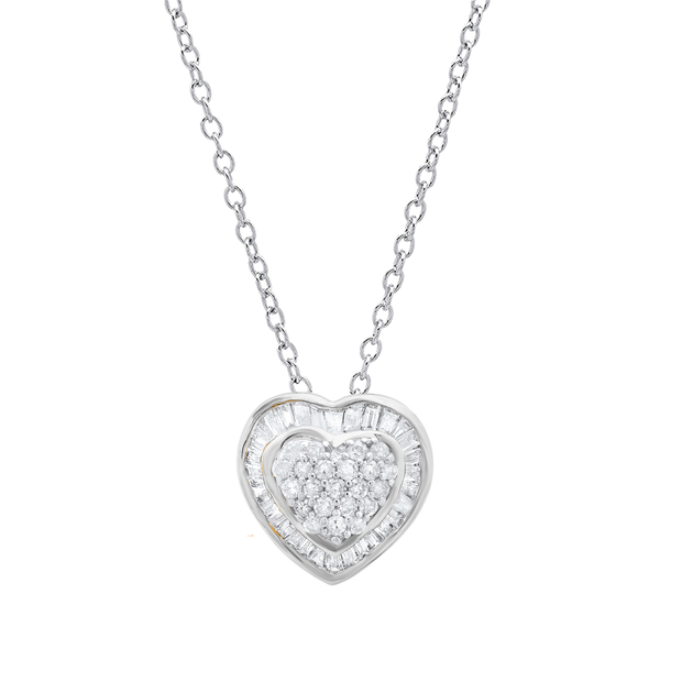 0.25 Carat (ctw) Round & Baguette White Diamond Ladies Heart Shape Pendant 1/4 CT Sterling Silver