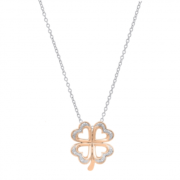 0.03 Carat (ctw) Round White Diamond Ladies Heart Shape Leaf Clover Pendant 18K Rose Gold